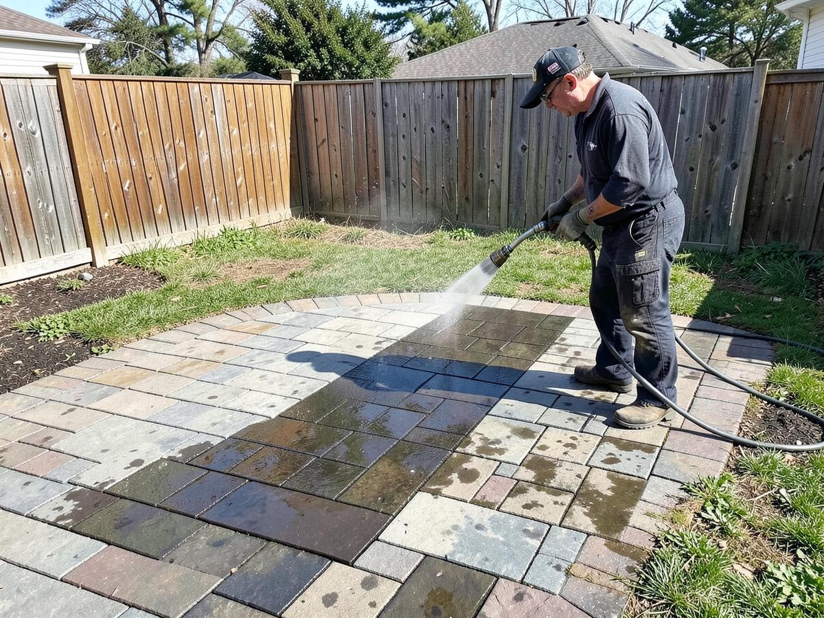 Paver patio being pressure washed before sealing