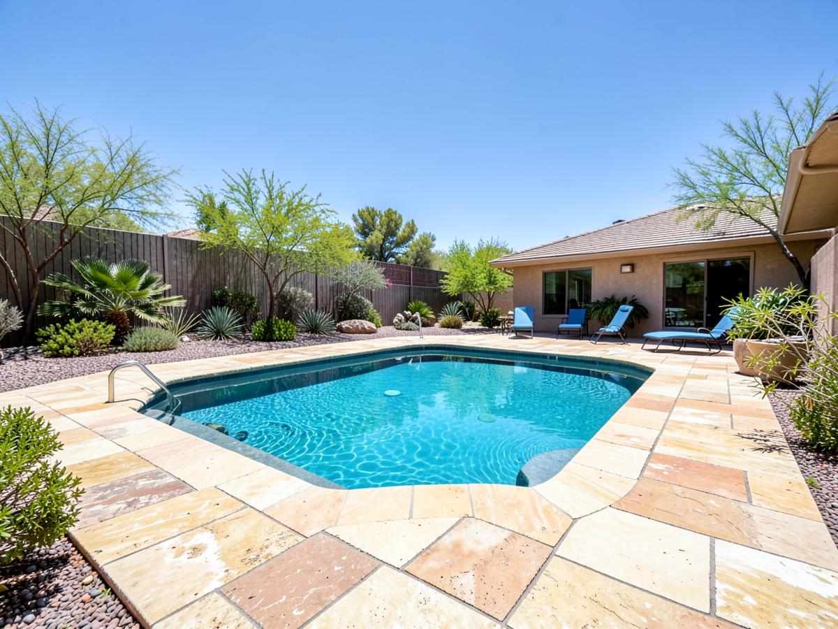 Restored travertine pool deck in Mesa, Arizona